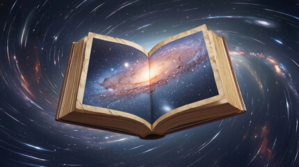 Fototapeta premium Spiral galaxy emerging from open vintage book. Cosmic discovery and knowledge exploration through literature.