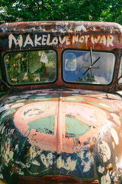 Abandoned Vintage Truck with Make Love Not War Hippie Message