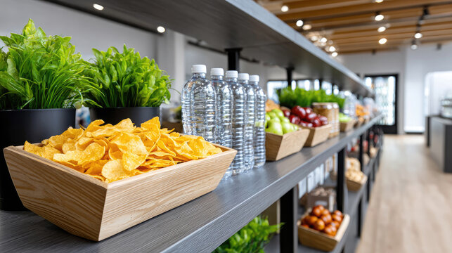 Supermarket shelf with wicker baskets of crispy potato chips and savory almonds beside rows of bottled water, offering grab and go snack and drink options for shoppers