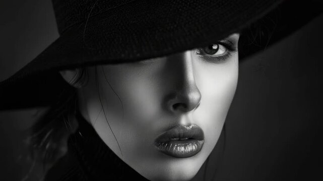 A model showcasing high fashion, wearing a stylish black hat and makeup, ready to walk down the runway.