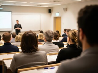 Fototapeta premium Person giving lecture in a classroom with attentive audience