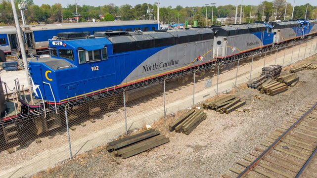 Amtrak Piedmont Trains at the North Carolina Department of Transportation Rail Yard, Raleigh, NC.