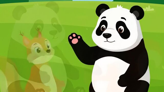 Cute Cartoon Panda and Squirrel Friends Sharing Acorn on Grassy Hillside