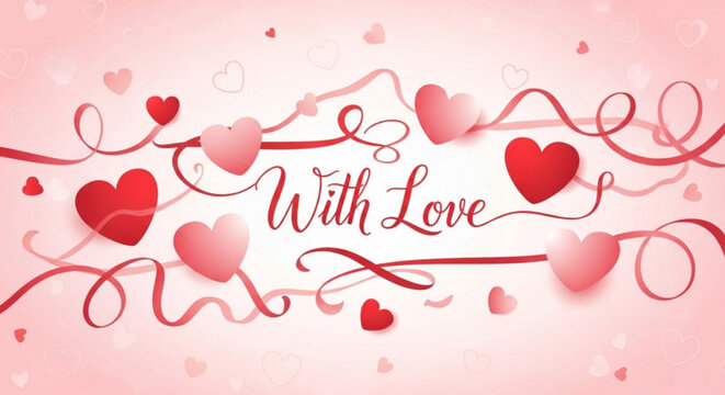 Valentine's day card design with 'with love' text and red hearts on pink background for romantic greeting