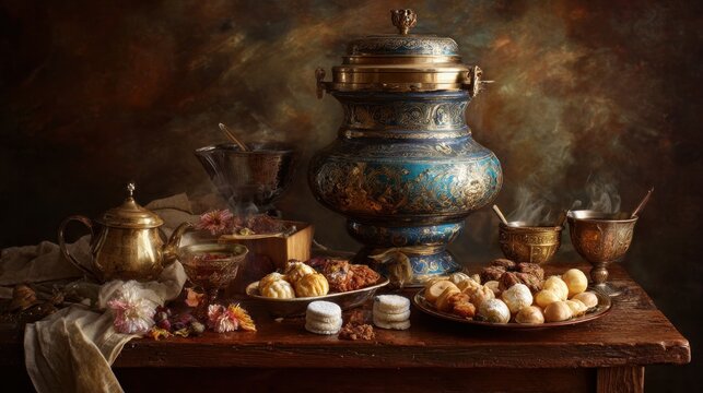 Samovar with tea and sweets sat on wood.