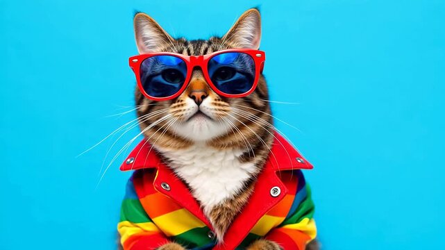 Cat wearing colorful sunglasses and jacket