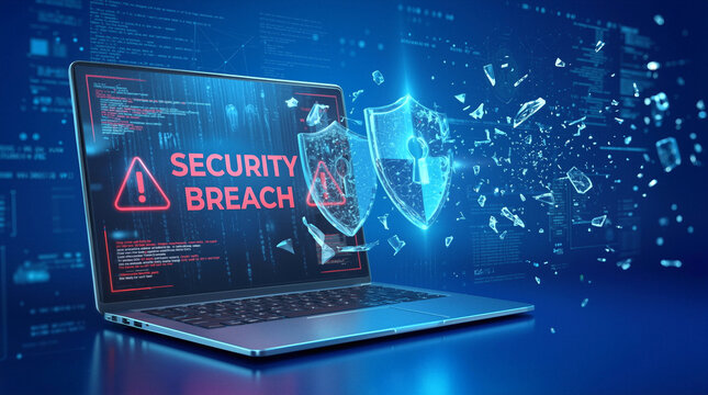 Laptop displaying security breach alert with shattered digital shield. Cyber attack and data protection concept.