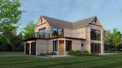 Fototapeta premium Modern stone house with balcony and double garage architectural 3D render