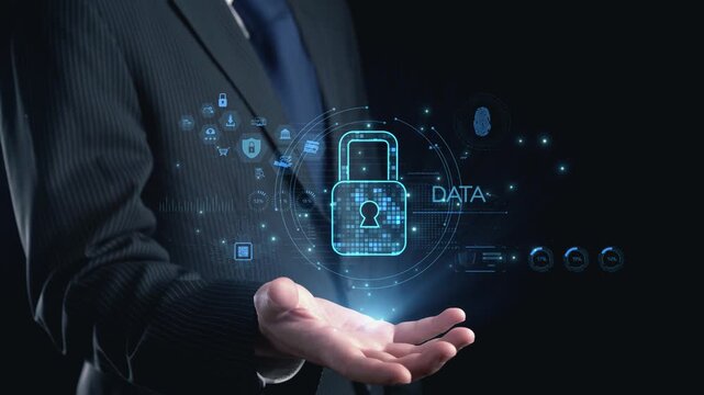 A businessman holds a digital representation of a secure lock, illustrating data security concepts amidst a futuristic technology interface against a dark background. Qubit