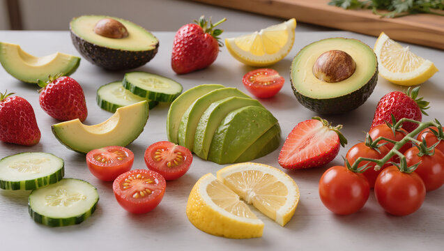 Composition d'ingr&eacute;dients frais pour une alimentation saine : avocat, tomates cerises, concombres, fraises et citron sur fond gris.