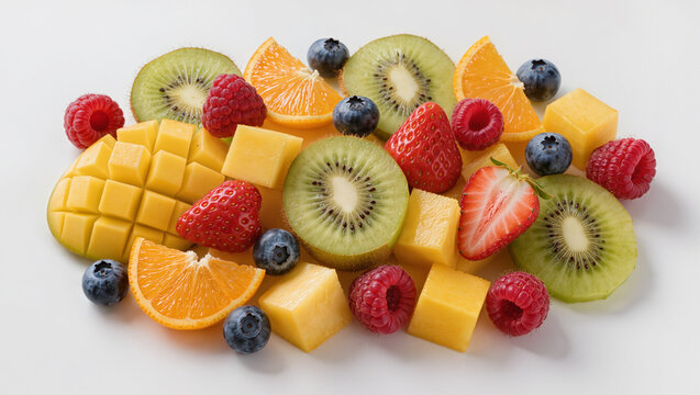 Assortiment color&eacute; de fruits frais coup&eacute;s sur fond blanc : kiwi, orange, m&ucirc;res, framboises, fraises, mangue et myrtilles.