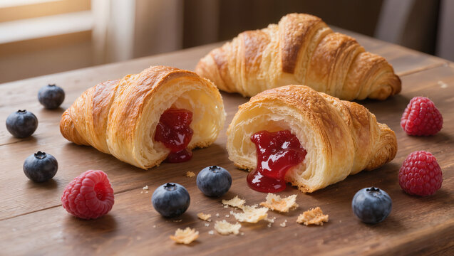 Croissants pur beurre croustillants fourr&eacute;s &agrave; la confiture de framboise