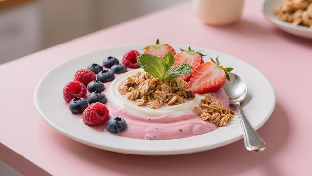 Bol de smoothie rose au yaourt, granola croquant et fruits rouges