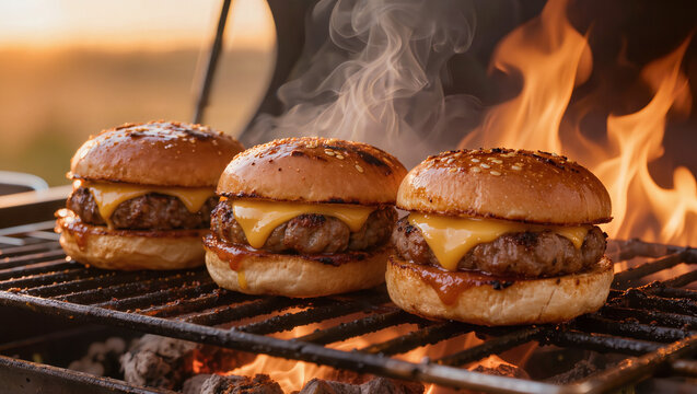 Cheeseburgers juteux grillant sur un barbecue &agrave; flamme vive