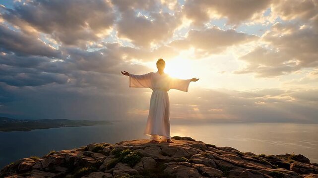 Person in white robe with arms outstretched on rocky hill