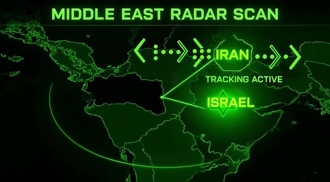 middle east radar scan map with iran highlighted