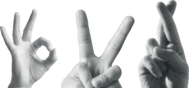 Hand gestures symbolizing agreement, victory, and good luck, showing the OK sign, peace sign, and crossed fingers in black and white halftone pattern, expressive hand symbols.