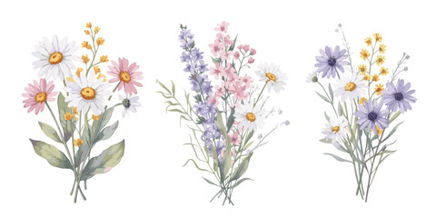 Watercolor wildflower bouquets white daisies purple lavender pink flowers © MadhobiRani