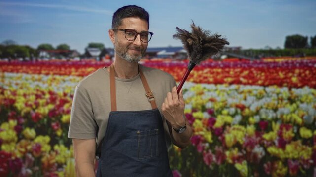 Man holding duster in hand, wearing apron and glasses, standing among tulips in a field near a building and farmhouse; contentment.