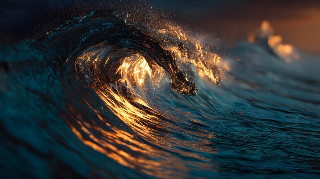 Golden light curls through a breaking wave