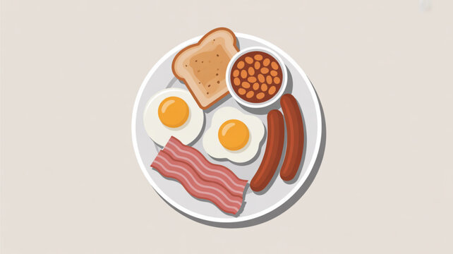 Delicious breakfast plate with eggs bacon sausage toast and baked beans on a white plate