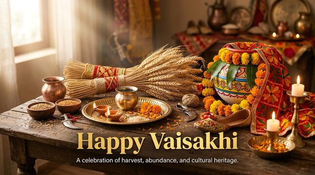 Rustic Vaisakhi table setting with wheat and traditional vessels