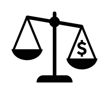 Unbalanced financial scale icon representing economic inequality | black silhouette of justice scales tipped by dollar symbol | minimalist vector illustration