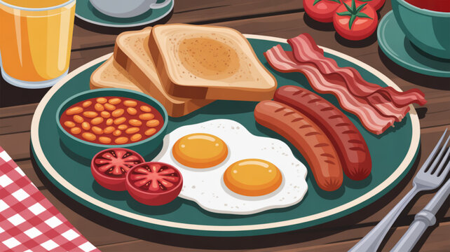 Delicious breakfast plate with eggs bacon sausages toast baked beans and tomatoes on a wooden table