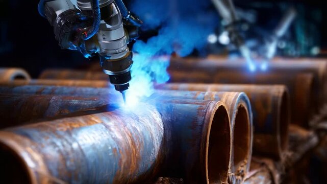 Automated Welding Process Showcasing Advanced Robotic Arm Precision on Metal Pipes in Industrial Setting with Vibrant Blue Sparks and Rusty Surface Textures.