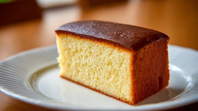 Delicious Japanese Castella cake sits on a bright table, seen up close.