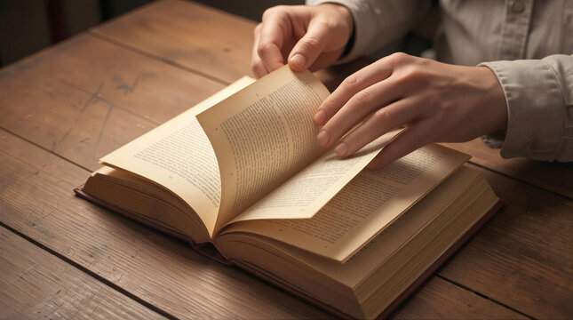 Hands turning pages of vintage book on rustic wooden table. Close-up of person reading old literature in library or study.