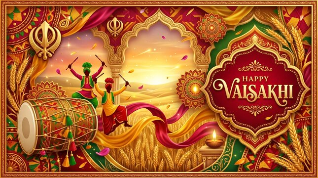 Vaisakhi background with 3D wheat fields and punjabi motifs