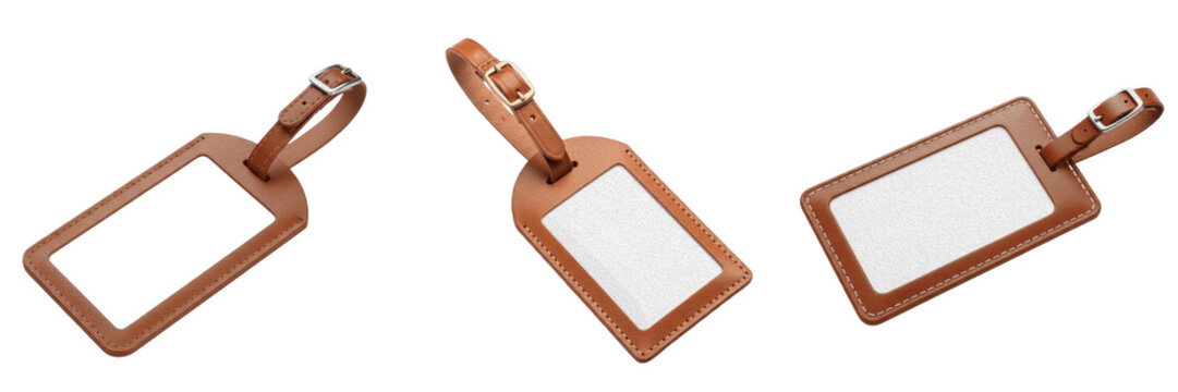 Brown leather luggage tags set with blank white paper insert isolated on white background