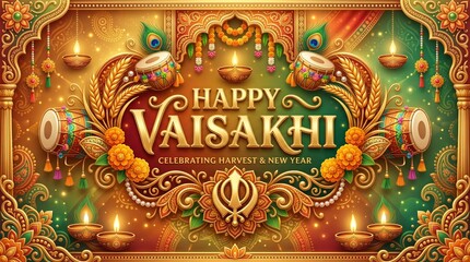 Obraz premium Luxurious Vaisakhi festival background with 3D gold typography