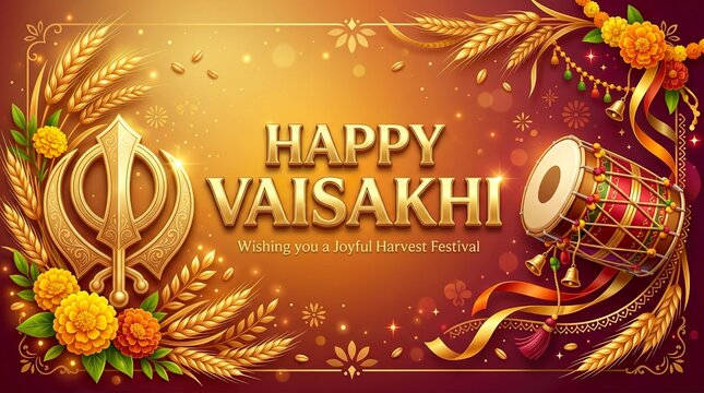 Happy Vaisakhi banner with 3D wheat and khanda symbol