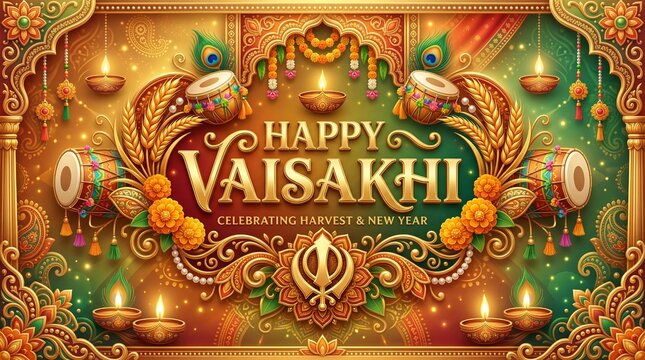 Luxurious Vaisakhi festival background with 3D gold typography
