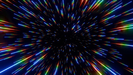 Fototapeta premium Traveling at high speed through a warp tunnel in deep space with colorful glowing RGB star trails