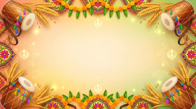 3D Vaisakhi poster background with dhol drum and wheat stalks
