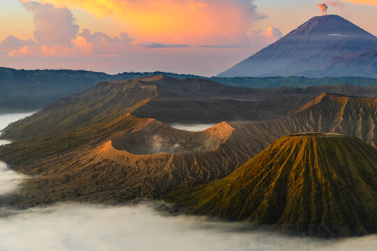 Landscape Mountain Bromo volcano at sunrise and the mist ,Tengger Semeru National Park,Indonesia