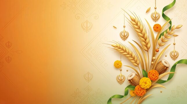 3D Vaisakhi festival background with wheat stalks and copy space