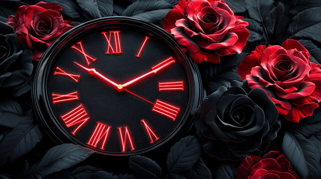 Black clock with glowing red roman numerals surrounded by red and black roses, dark leaves create dramatic gothic atmosphere, evoking mystery and elegance
