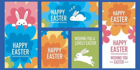 Naklejka premium Happy Easter celebration card with cute bunnies and flowers illustrations