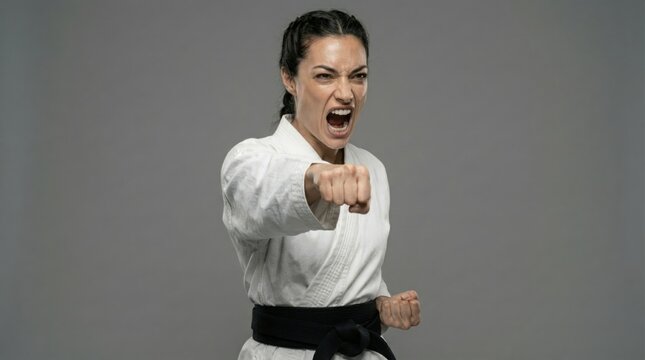 Fierce female martial artist punching hard. Expression of intense focus and combat readiness.