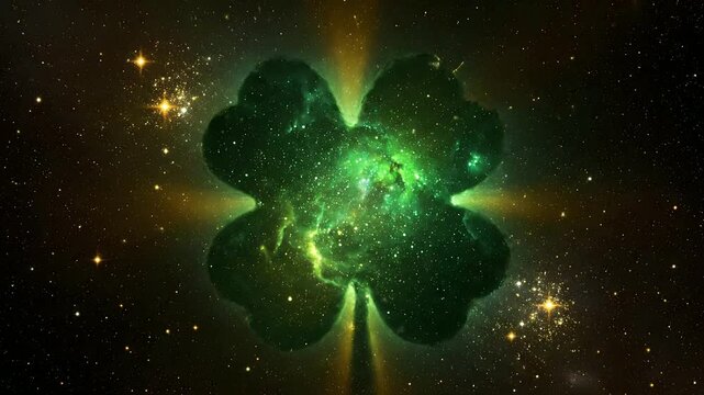 Cosmic four-leaf clover nebula glowing green in starry space, mystical lucky symbol floating, fantasy galaxy background animation for St Patricks Day