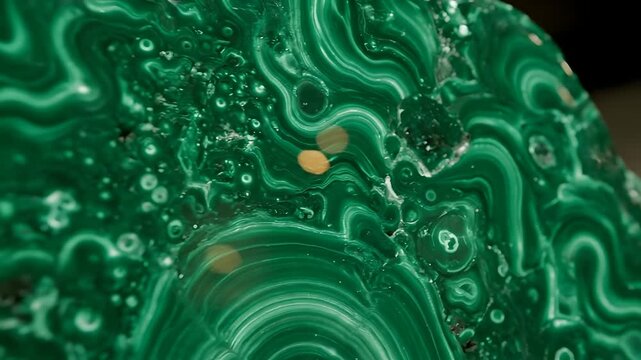 Macro close-up of vibrant green malachite crystal with swirling patterns and natural inclusions, mineral texture display, science museum exhibit