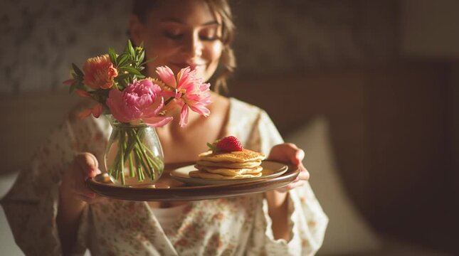 A woman enjoying a peaceful breakfast in bed with flowers and pancakes