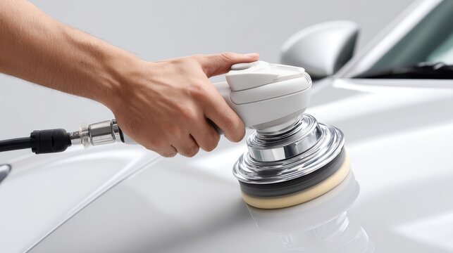 Polishing machine being used on a glossy white car panel in an auto detailing setting with a close up view showing the process