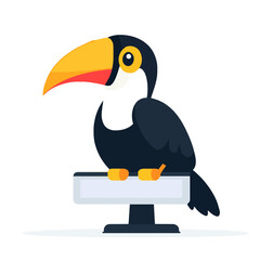 Naklejka premium Toucan Bird Cartoon Vector: Tropical Cute Illustration. Sitting Toucan with Big Beak on White Background, Colorful Plumage, Detailed Vector Graphics, Perfect for Educational Resources