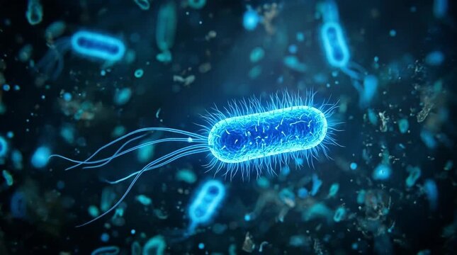 Microscopic animation of blue glowing bacteria drifting slowly in a fluid environment