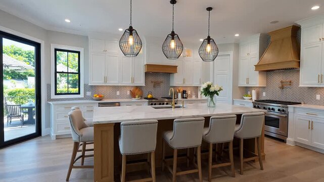 Modern kitchen with island and pendant lights